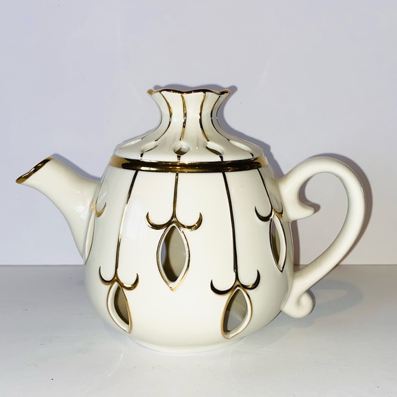 Partylite Tea for Two 5pc Votive Candle Holders Teapot Cups Saucers Ivory & Gold - Picture 3 of 15